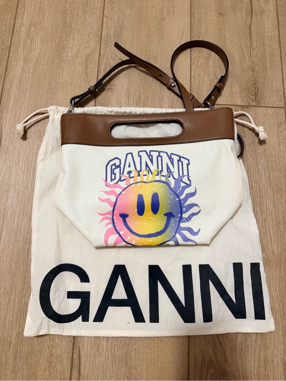 Ganni Cream Canvas Tote with Brown Leather Trim and Multicolor Smile